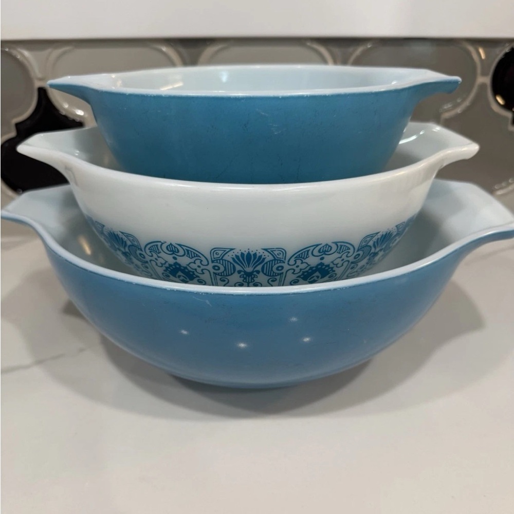 Vintage Pyrex Horizon Blue Cinderella Mixing Bowl Set of 3 (#442, #443, #444)